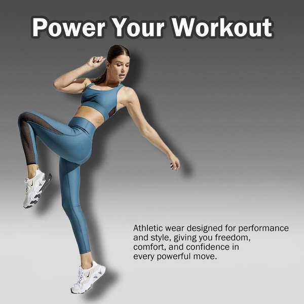athletic leggings, sports bra, workout clothes, activewear set, exercise clothing, brand awareness, lifestyle, energetic, trustworthy, blue, neutral
