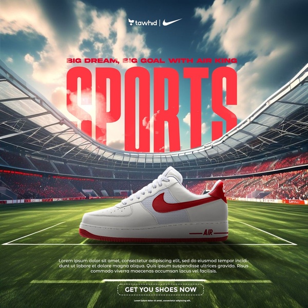 A high-contrast 1:1 square ad featuring a single running shoe set against a vast stadium background with bold red typography.