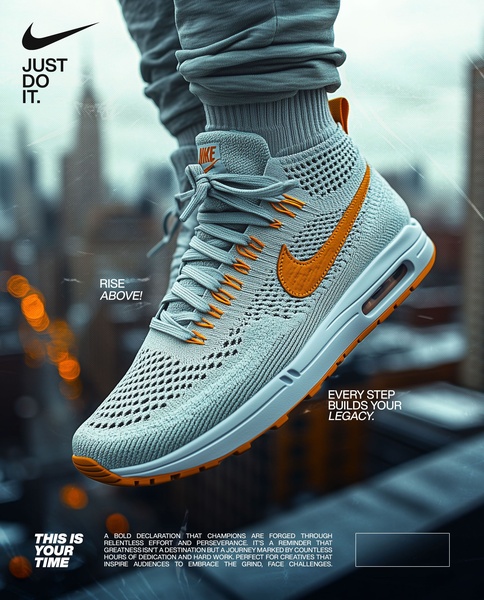 A low-angle, high-contrast shot of a performance running shoe suspended in the air against a blurred urban background, emphasizing movement and aspiration.