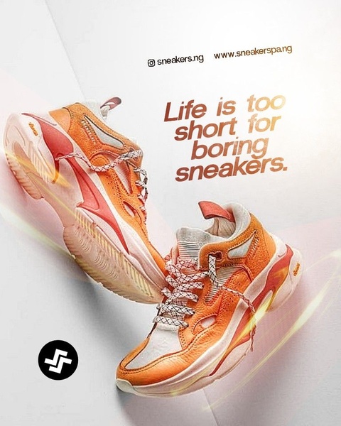 A clean, studio-lit ad featuring a pair of vibrant orange running shoes with bold, direct typography focused on style.