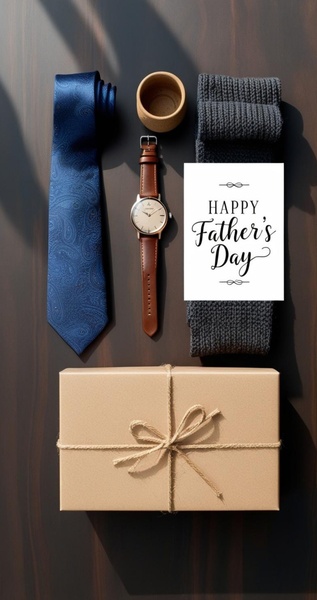 necktie, leather watch, mens gift set, gift box, wrist watch, gift guide, flat lay, minimalist, warm, trustworthy, neutral, blue, brown