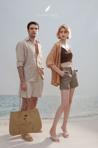 linen shirt, linen shorts, summer clothing, woven tote, beach wear, brand awareness, lifestyle, outdoor, calm, luxurious, neutral, brown, summer sale