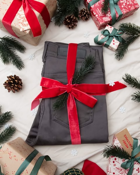 A pair of grey jeans folded and gift-wrapped with a red velvet ribbon, surrounded by holiday decorations, pine cones, and small gifts.