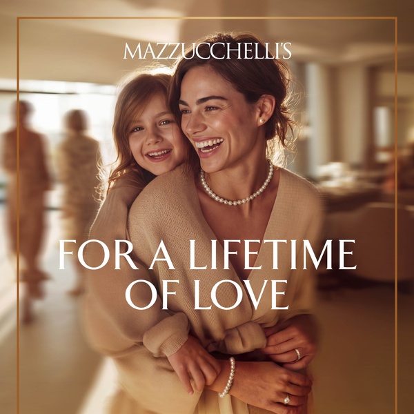 A sentimental creative featuring a warm, soft-focus mother and daughter portrait showcasing a classic pearl necklace.