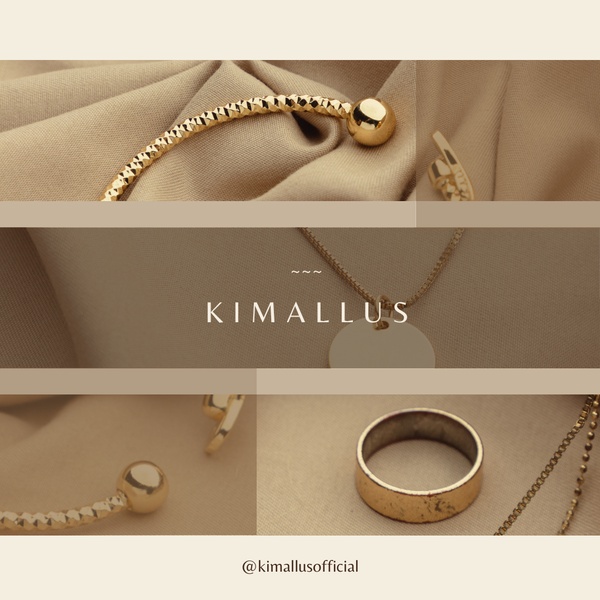 A sophisticated, four-panel grid layout showcasing gold jewelry items on a textured, neutral-toned fabric background.