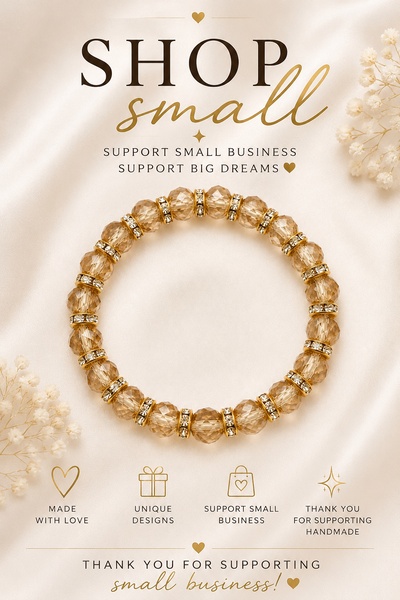 A clean, minimalist product spotlight featuring a gold-toned beaded bracelet on a silk background, focusing on small business values and craftsmanship.