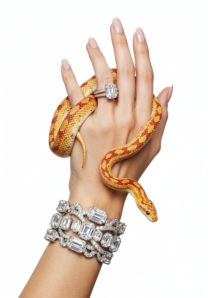 A high-fashion shot featuring a hand adorned with multiple emerald-cut diamond bracelets and a matching ring, gracefully held by a corn snake.
