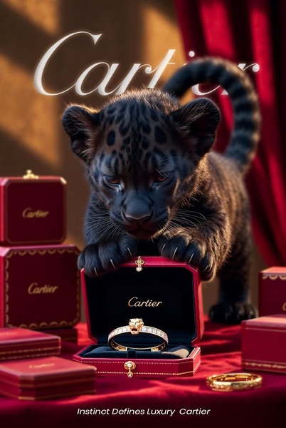 A high-end jewelry advertisement featuring a baby black panther resting its paws on a red Cartier jewelry box containing a gold bracelet, set against a classic red velvet backdrop.