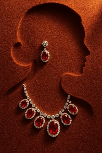A high-end product display featuring a necklace and earring set arranged to form a human silhouette against a textured, rust-colored sand background.