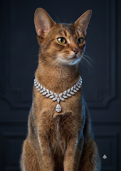 A high-end, studio-lit portrait of a cat wearing a sophisticated diamond leaf-motif necklace, creating a brand-focused aesthetic.
