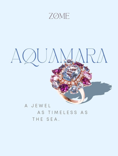 A high-end, clean product shot of a multi-stone statement ring centered on a pale blue background with soft shadows.