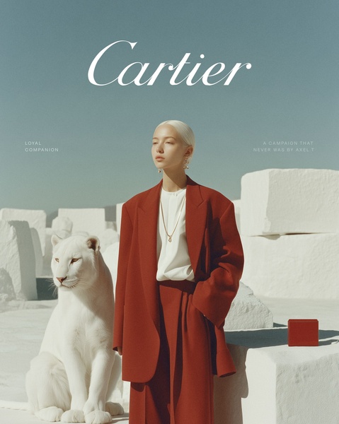 A high-fashion visual featuring a model and a white lion in a quarry setting, utilizing minimalist art direction and saturated color contrast to frame the luxury jewelry brand.