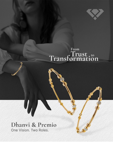 A sophisticated split-tone creative featuring gold bangles with a focus on trust and transformation, targeting a premium audience.