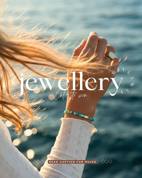 This ad creative uses a high-aesthetic, lifestyle-focused image of a person wearing jewellery by the water to drive brand engagement through a contest.