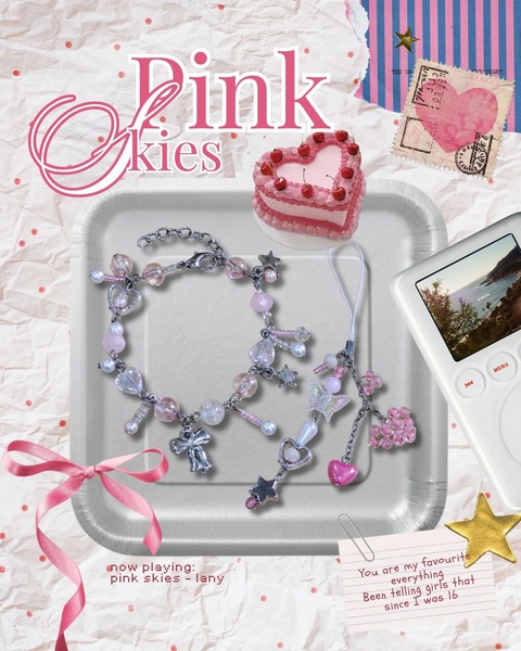 A nostalgic 4:5 collage featuring beaded bracelets alongside a mini heart-shaped cake and a vintage music player.