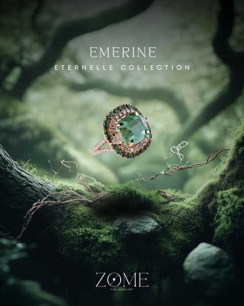 This ad creative features an emerald ring floating in an atmospheric, moss-covered forest setting to convey a sense of natural luxury.