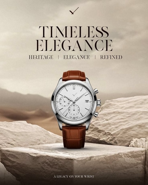 wrist watch, analog watch, leather strap watch, chronograph watch, mens watch, brand awareness, editorial, lifestyle, luxurious, calm, neutral, brown
