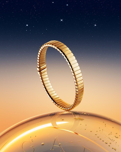 A high-end studio capture of a gold bracelet levitating above a polished sphere against a starry night sky backdrop.