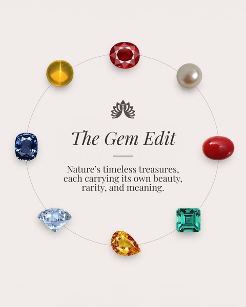 A sophisticated circular display of eight distinct gemstones arranged symmetrically around a central brand message.