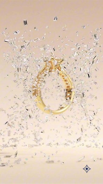 A luxury diamond ring is captured in a 9:16 vertical frame, surrounded by hundreds of floating diamond shards against a soft, neutral studio background.