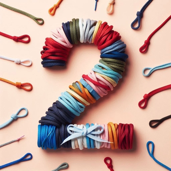 A minimalist studio shot showcasing a large number of various colored shoelaces arranged to form the number two on a solid pale background.