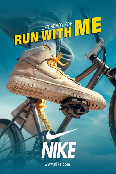 This creative showcases a high-top running shoe positioned on a bicycle pedal, utilizing a low-angle perspective against a clear sky background to imply movement and adventure.