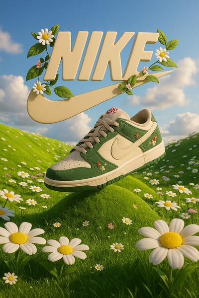 This creative features a running shoe suspended in a serene, daisy-filled meadow, using a 3D-style logo overlay to create a cohesive brand aesthetic.