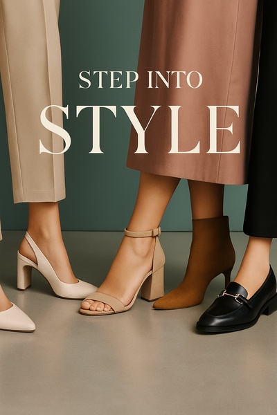 A clean, high-fashion style ad creative showcasing various women's footwear models in neutral tones.
