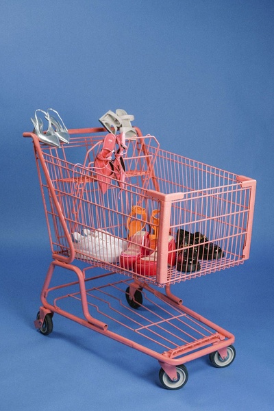 A high-fashion, minimalist studio shot featuring multiple styles of women's shoes arranged inside a pink wire shopping cart against a bold blue backdrop.