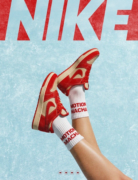 This creative showcases a pair of running shoes in a high-contrast, minimalist studio setting with stylized typography.