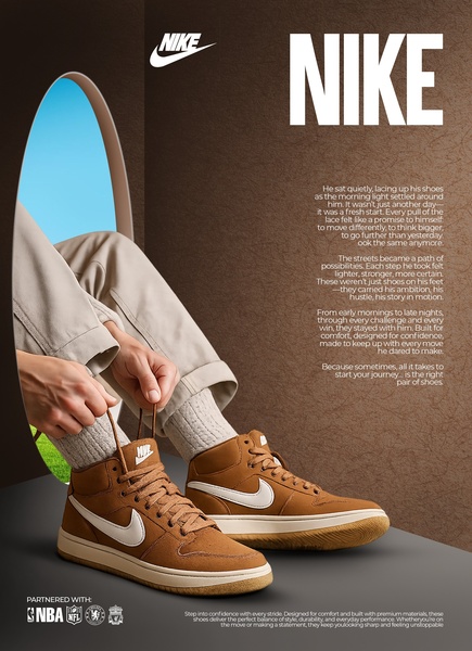 A high-quality 3:4 portrait ad featuring a runner lacing up sneakers with a deep, emotional brand story about the journey and ambition.