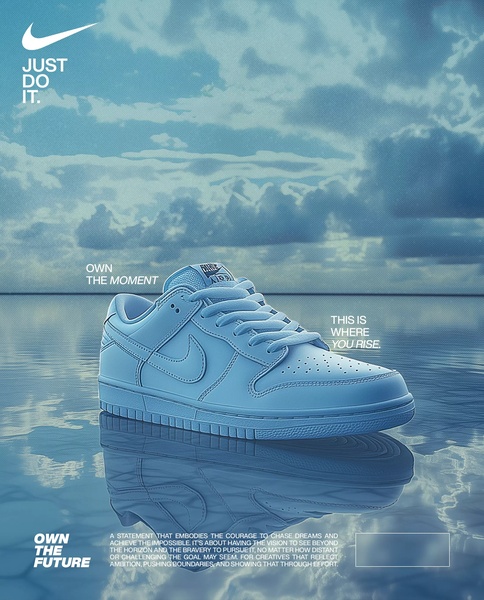 A high-concept 4:5 ad creative featuring a single running shoe floating above water, using a serene blue color palette to convey ambition and vision.