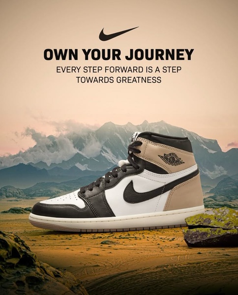 A high-quality studio shot of a running shoe placed against a dramatic mountain landscape, emphasizing an aspirational and journey-focused brand message.