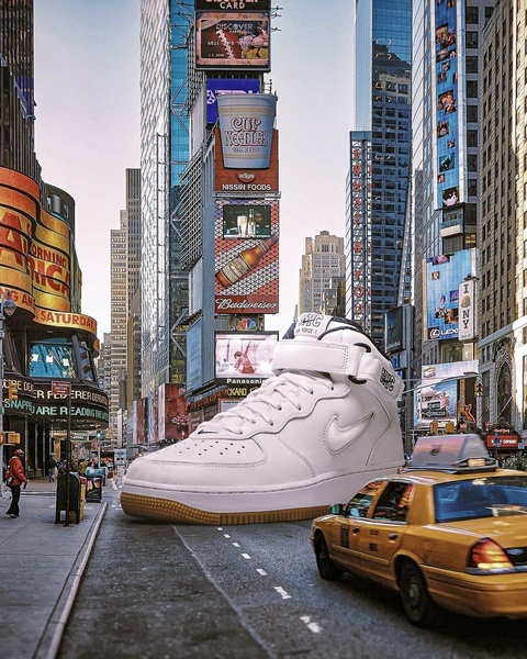 A high-fidelity composite image featuring a massive running shoe placed in the middle of a busy New York City street.