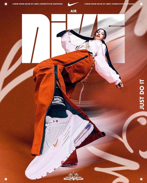 A high-fashion, editorial-style running shoe advertisement featuring a model in an active, gravity-defying pose against a warm, abstract background.