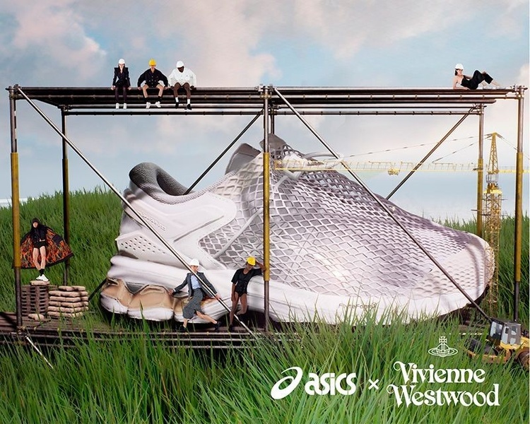 A high-concept advertising visual featuring a giant running shoe positioned as an architectural structure on a construction site.