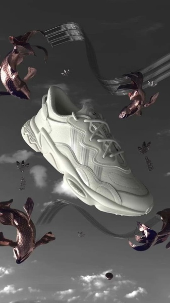 A surrealist, monochrome advertisement featuring a single running shoe suspended in a dark, cloudy atmosphere with metallic koi fish elements.