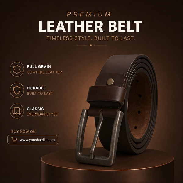 A high-end, studio-lit image of a rolled leather belt on a dark pedestal, highlighting durability and timeless design through bullet points.