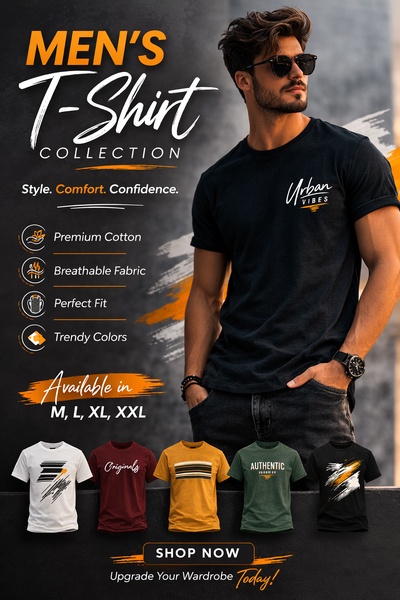 crew neck tee, graphic t-shirt, cotton t-shirt, short sleeve shirt, mens casual tee, bestseller push, brand awareness, lifestyle, modern typography, energetic, bold, black, orange, neutral