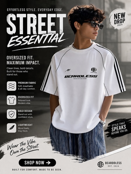 oversized t-shirt, graphic tee, mens t-shirt, streetwear top, crew neck shirt, short sleeve tee, new arrival, product demo, brand awareness, lifestyle, modern typography, bold, energetic, neutral, black