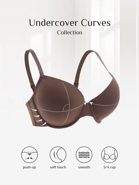 push up bra, underwire bra, smooth bra, t-shirt bra, nude bra, product demo, minimalist, trustworthy, neutral, brown