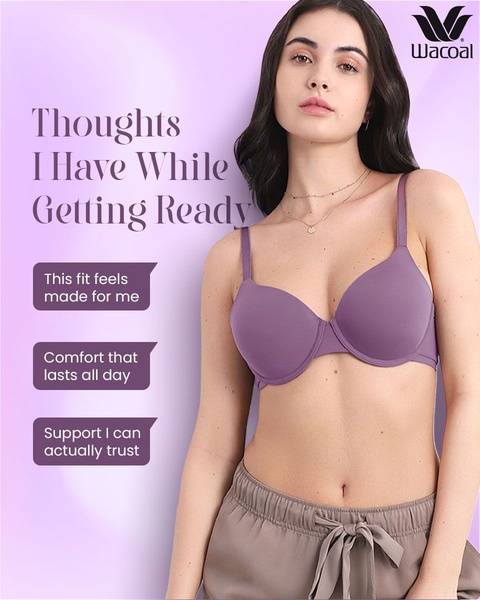 underwire bra, t-shirt bra, full coverage bra, everyday bra, comfortable bra, brand awareness, product demo, lifestyle, trustworthy, calm, purple, pastel
