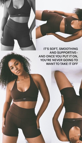 sports bra, biker shorts, activewear set, workout clothing, athletic wear, product demo, lifestyle, minimalist, trustworthy, calm, brown, neutral