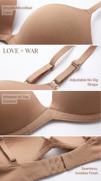 wireless bra, comfortable bra, nude bra, everyday bra, t-shirt bra, product demo, minimalist, calm, trustworthy, neutral, brown