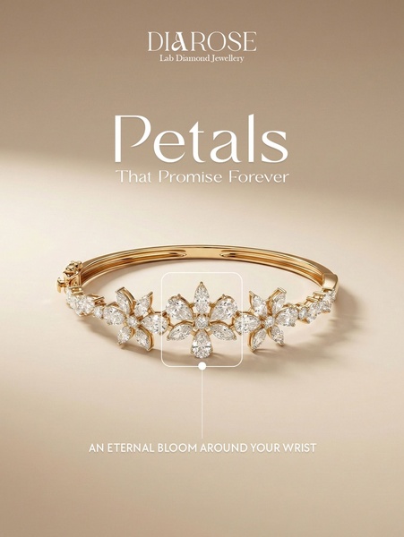 A high-end studio capture of a diamond-encrusted floral bracelet, featuring a zoomed-in callout to emphasize craftsmanship against a soft, neutral backdrop.