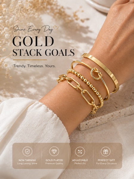 A close-up lifestyle shot of a wrist wearing a stack of gold bracelets, featuring clear benefit icons highlighting the product's quality and features.