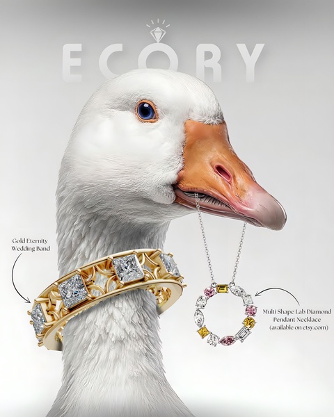 A high-end surrealist creative featuring a white goose holding a gold wedding band and a multi-shape diamond necklace in its beak.