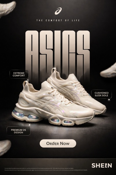 A clean, studio-lit ad featuring a pair of running shoes with callouts highlighting comfort, design, and technical features.