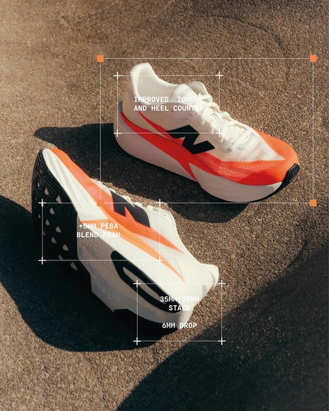A high-performance running shoe featured with overlay callouts detailing specific material and design upgrades using technical diagrams.