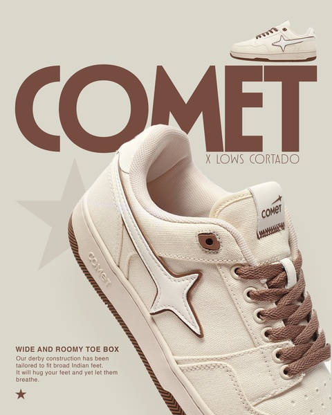 A clean, studio-lit product shot of a sneaker with text overlay emphasizing the wide toe box construction.